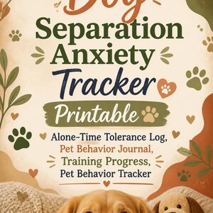 May include: A printable Dog Separation Anxiety Tracker featuring text that reads Dog Separation Anxiety Tracker Printable, Alone-Time Tolerance Log, Pet Behavior Journal, Training Progress, Pet Behavior Tracker, decorated with paw prints and hearts.