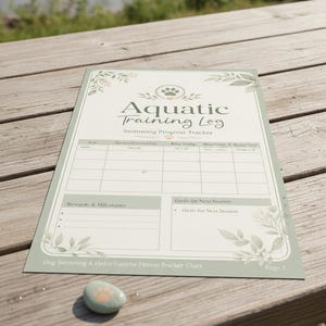Könnte beinhalten: Ein rechteckiger Aquatic Training Log Schwimm-Fortschritts-Tracker aus Papier mit salbeigrünen Rändern und botanischen Illustrationen. Das Diagramm enthält Spalten für Datum, Distanz, Wassertemperatur und Stimmung sowie Bereiche für Ziele.