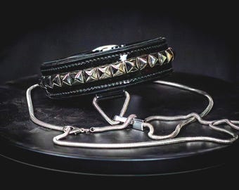 Handcrafted Saddlery Submissive Collar Black patent Leather with Pyramid Studs & Lead