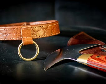 Padded Submissive leather BDSM collar with brass O‑ring, adjustable