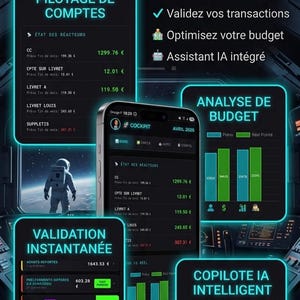 May include: A digital interface for financial management, featuring a sleek, futuristic design. The app displays account summaries, budget analysis, and transaction validation. The interface includes the text "COCKPIT - Gestion Financière Intelligente."
