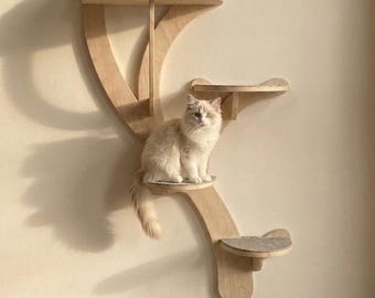 Árbol para gatos de madera de abedul natural / Estante para gatos de pared / Decoración moderna para gatos / Estantes para trepar gatos