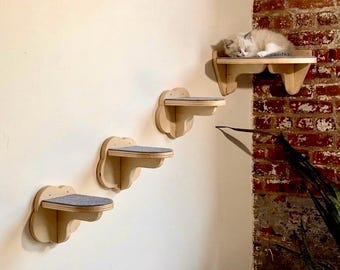 Escalones para gatos de pared, modernos, de abedul natural, con repisa para gatos.