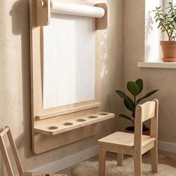 Montessori Wandkunst Staffelei mit Papierrolle | Kinderzeichnung Station | Birkenholz | Waldorf Kleinkind Kunst Zentrum | Kinder Geschenk