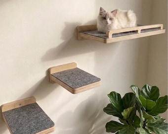 Cama de pared y escalones de madera de abedul hechos a mano para gatos. Muebles modernos para gatos.