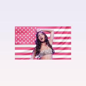 Puede incluir: Una mujer con un top plateado con lentejuelas posa frente a un fondo de bandera estadounidense rosa. La bandera presenta estrellas blancas y rayas rosas. La mujer tiene cabello largo y oscuro y mira hacia arriba.
