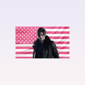 May include: A person wearing a black leather jacket with a fur collar, standing in front of a pink and white American flag. The person has dark hair and is looking directly at the viewer.