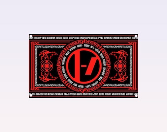May include: Black rectangular tapestry featuring a red logo within a red circle. The logo has a stylized "-7-" design. The tapestry has a red border with repeating text and decorative elements.