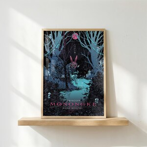 May include: A framed art print featuring a scene from "Princess Mononoke." The artwork depicts a forest with a figure wearing a pink mask, surrounded by trees and glowing creatures. The title and Hayao Miyazaki's name are at the bottom.