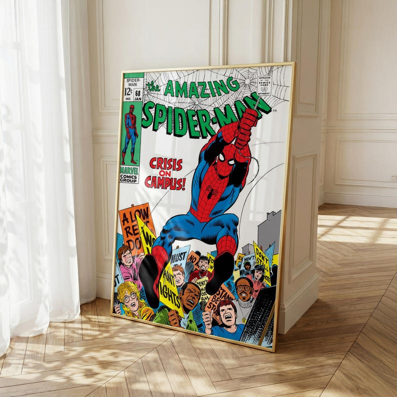May include: Framed vintage comic book cover featuring Spider-Man in a dynamic pose. The artwork is vibrant with red, blue, and green hues, and includes the text "The Amazing Spider-Man" and "Crisis on Campus!"