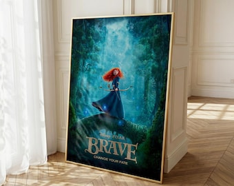 Pôster da Merida Valente | Arte de Parede Princesa Disney | Impressão de Filme Pixar | Decoração Fantasia Escocesa | Pôster da Princesa Arqueira | Arte para Quarto Infantil
