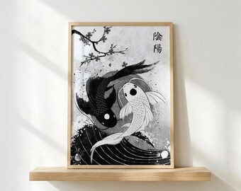 Poster con carpe koi nere / Arte murale Zen giapponese / Stampa minimalista scura con pesci / Decorazione di ispirazione asiatica / Poster estetico monocromatico con carpe koi / Regalo