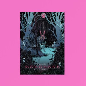 May include: A poster featuring a detailed illustration from the animated film "Princess Mononoke." The artwork depicts a forest scene with a figure wearing a rabbit mask. The title and director's name are at the bottom.