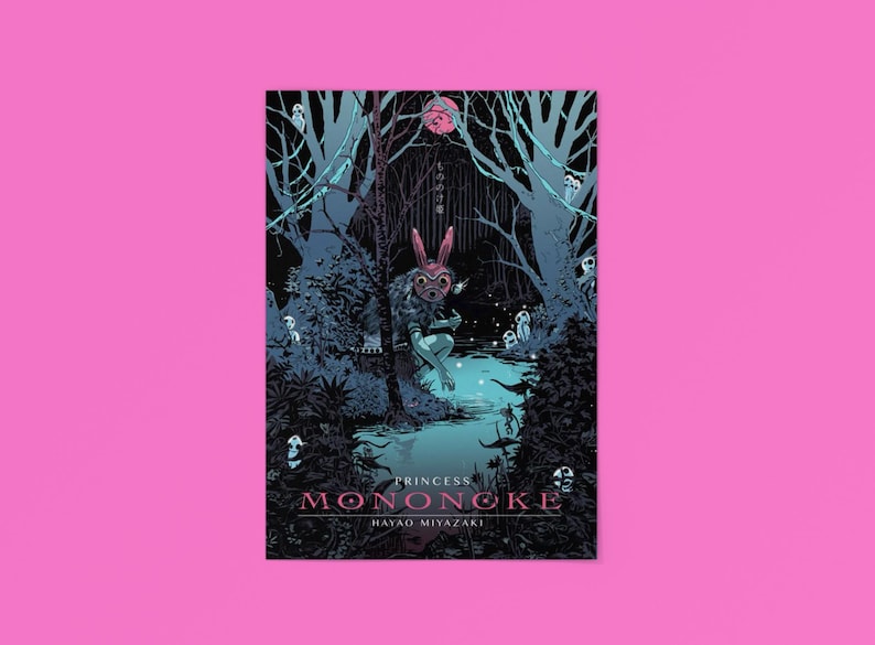 May include: A poster featuring a detailed illustration from the animated film "Princess Mononoke." The artwork depicts a forest scene with a figure wearing a rabbit mask. The title and director's name are at the bottom.