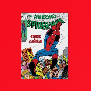 May include: Comic book cover of The Amazing Spider-Man #68, featuring Spider-Man in a red and blue suit. The cover has the text "Crisis on Campus!" and a crowd of people holding signs. The background is red.