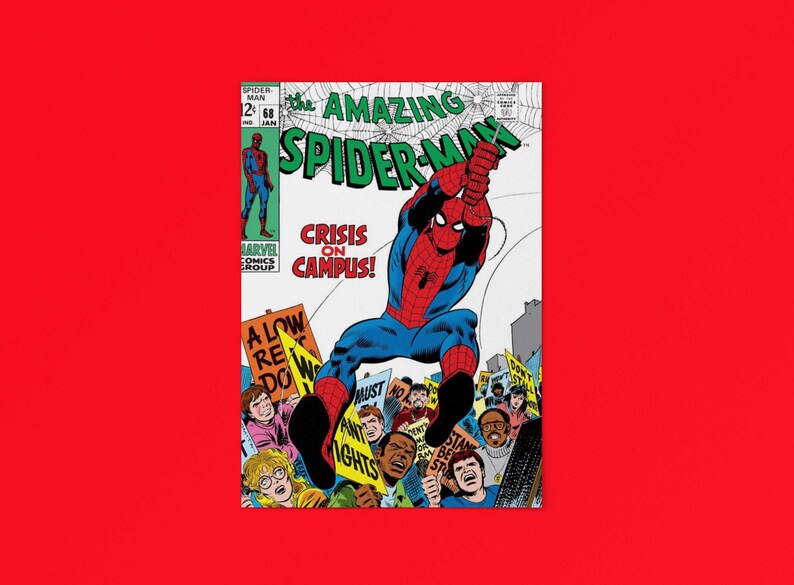 May include: Comic book cover of The Amazing Spider-Man #68, featuring Spider-Man in a red and blue suit. The cover has the text "Crisis on Campus!" and a crowd of people holding signs. The background is red.