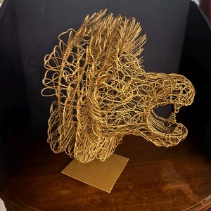 Brutalist Lion Head Metal Golden Wire Wrapped Table Top 17" Art Sculpture RARE