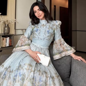 Vintage Floral Print Maxi Dress for Women, Elegant Long Sleeve A-Line Midi Dress, Belted Cottagecore Tea Party Dress