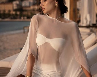 Women's Sheer Chiffon Cover-Up Blouse Elegant See-Through Beach Top Lightweight Cape Sleeve Resort Clubwear White Black Top