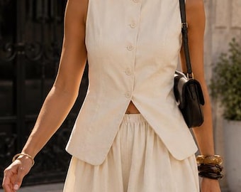 Women's 100% Cotton Linen Vest & Bubble Mini Skirt Set – Sleeveless Two Piece Outfit, Old Money Chic Summer Co-Ord Set