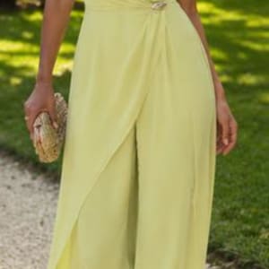 Women's Asymmetric One-Shoulder Jumpsuit – Chiffon Draped Overlay Wide Leg Pants Romper, Elegant Formal Party Outfit, Chic Evening Wear image 4
