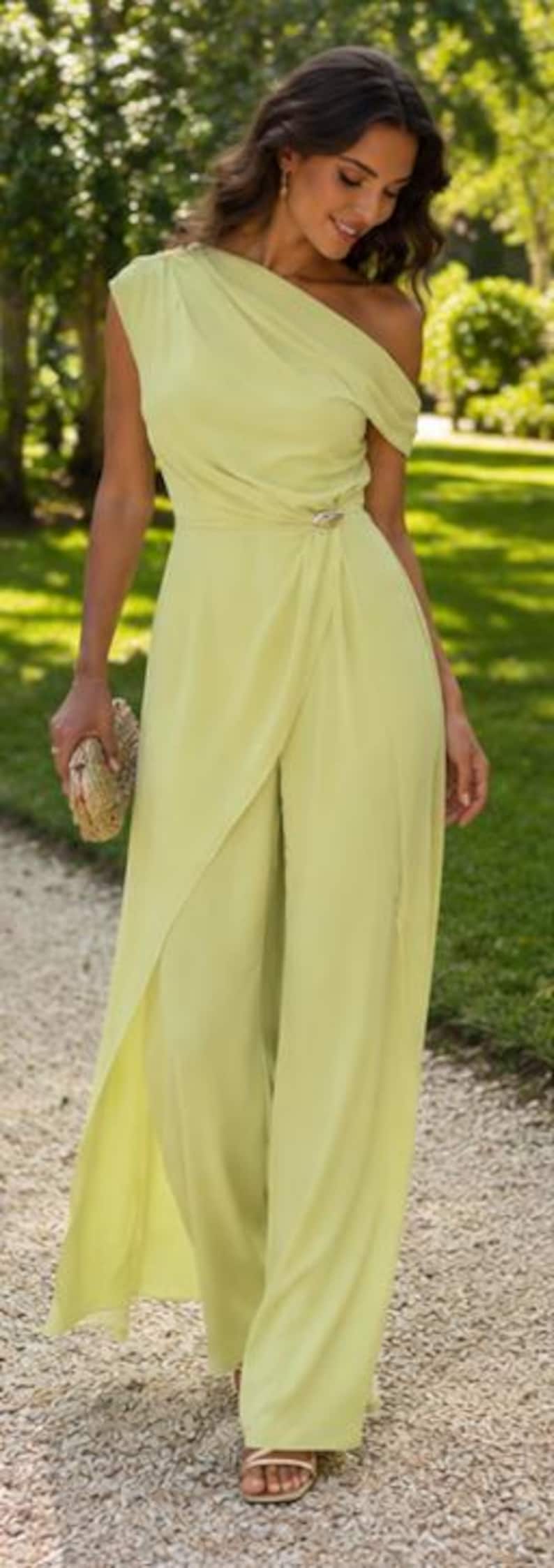 Women's Asymmetric One-Shoulder Jumpsuit – Chiffon Draped Overlay Wide Leg Pants Romper, Elegant Formal Party Outfit, Chic Evening Wear image 4