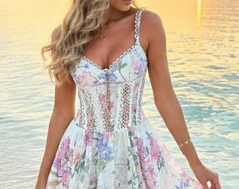 Elegant Floral Lace Corset Mini Dress for Women – V-Neck Spaghetti Strap A-Line Pleated Summer Party Dress 2026