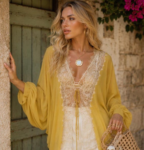 トップス eaphi cotton lace patchwork blouse Bohemian Lace Patchwork Blouse for Women, Tie-up V Neck Sheer