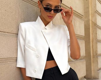 Women's Chic Cropped Blazer Jacket – Stand Collar Single Breasted Coat, 3/4 Sleeve Shoulder Pad Top, Elegant Spring Summer Streetwear 2026