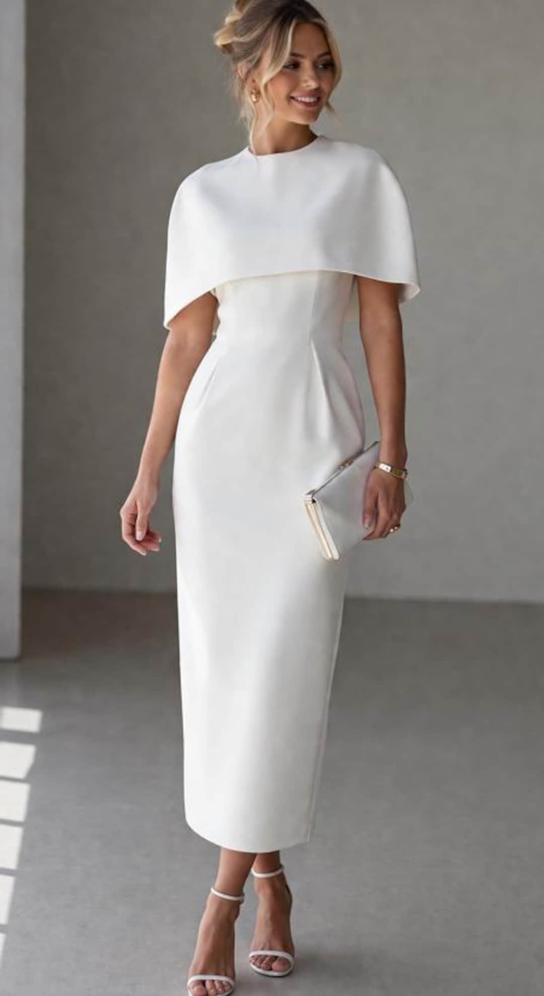 white classic dress for women Elegant Cape Set Women, 2 Piece Shawl Midi Dress, Slim Fit Waist Cinched Outfit, Minimalist Old Money Summer Style This tiered short
