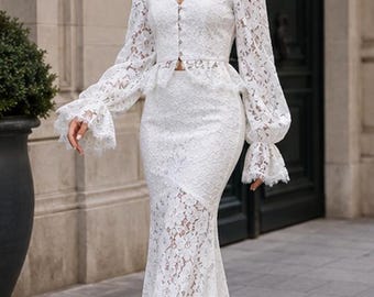 Elegant White Lace Two Piece Set for Women, Long Sleeve Crop Top & High Waist Mermaid Maxi Skirt, Romantic Bridal Party Outfit