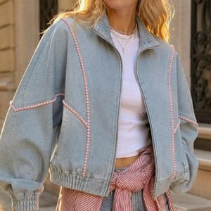 Women’s Light Blue Patchwork Bomber Jacket – Pink Trim Zip-Up Oversized Coat with Pockets, Casual Streetwear Outerwear