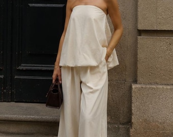 Elegant Strapless Two Piece Set for Women – Pleated Tube Top & Wide Leg Lantern Pants Summer Outfit