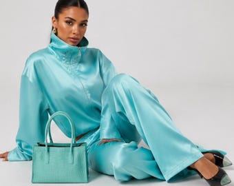 Women’s Aqua Satin Two-Piece Set  Cropped Zip Up High Collar Jacket & Wide Leg Pants  Casual Outfit