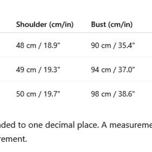 May include: A size chart table for clothing with columns for Size, Length, Shoulder, Bust, Waist, and Sleeve. Rows for S, M, and L provide measurements in cm and inches. A conversion note states inches are rounded to one decimal place.