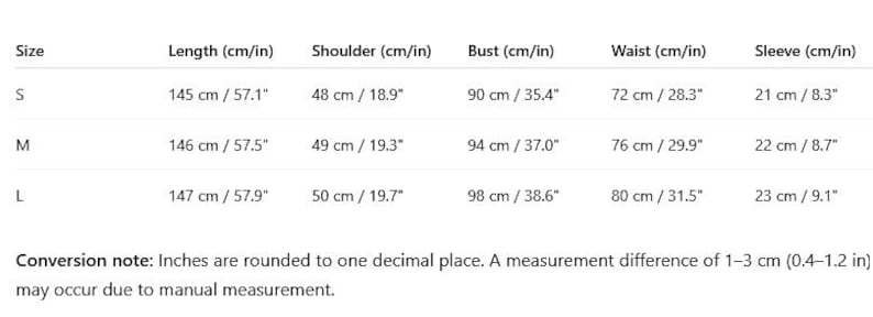 May include: A size chart table for clothing with columns for Size, Length, Shoulder, Bust, Waist, and Sleeve. Rows for S, M, and L provide measurements in cm and inches. A conversion note states inches are rounded to one decimal place.