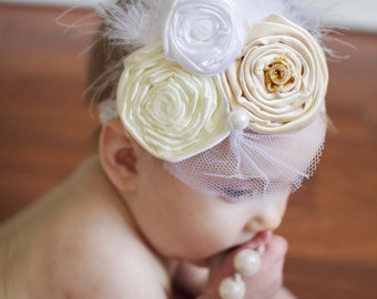 Graceful Baby Headband,Baptism,Christening feather Headband-Vintage Look,Flowered headband for infants,Newborn/Baby/Toddler/Girl-Photo Prop