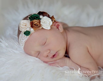 An (1) Lace Headband, Rosette Flowers, White, Cream,Golden and Green color combination-Vintage Look. Beads, flowers- Gift- Photo Prop