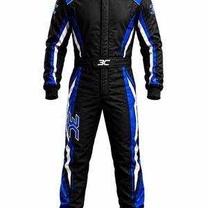 May include: A black racing suit featuring blue and white side panels, a high collar, and long sleeves with ribbed cuffs. The suit displays the white logo 3C on the collar, belt, and right thigh, with additional 3C branding on the shoulders and sleeves.
