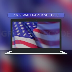 May include: A laptop screen displaying a blurred, wavy American flag as a digital wallpaper. Above the screen, a blue rectangular banner contains the white text 16: 9 WALLPAPER SET OF 5. The background is a soft, out-of-focus gradient of blue and red.