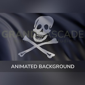 Animação em loop da bandeira pirata, fundo animado Jolly Roger, movimento cinematográfico da bandeira de um navio pirata, download instantâneo de fundo com zoom, GC1039