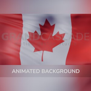 May include: The national flag of Canada featuring a red maple leaf centred on a white vertical band flanked by two red vertical bars. The text GRANDCASCADE motion design studio and ANIMATED BACKGROUND are overlaid on the waving fabric surface.