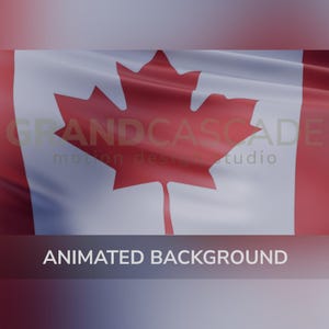 Pode incluir: Fundo animado com a bandeira do Canadá. A bandeira tem uma folha de bordo vermelha no centro e barras vermelhas nas laterais, sobre um fundo branco. O texto "ANIMATED BACKGROUND" está na parte inferior.