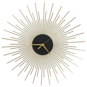 May include: A gold-colored sunburst wall clock with a black clock face. The clock features gold-colored hands and radiating lines, creating a striking, modern design. The clock's diameter is approximately 24 inches.