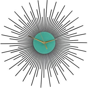 May include: A decorative wall clock with a sunburst design. The clock features a teal-colored face with gold-colored hands and a black metal frame. The clock's design is reminiscent of mid-century modern decor.