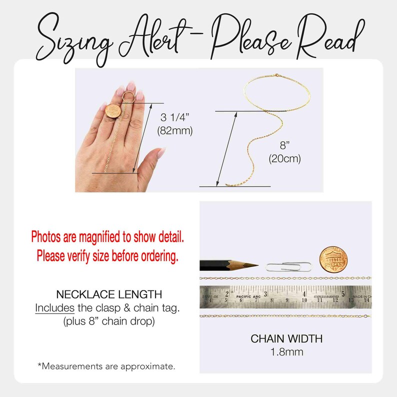 May include: Image with text "Sizing Alert - Please Read" showing necklace measurements. The necklace chain drop is 8 inches (20cm). The chain width is 1.8mm. The image also shows a hand with a ring and a ruler.