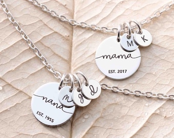 Sterling Silver Mama Est. & Nana Est. Bracelet - Mother Established Date - Kids Initial Charms - New Mom Jewelry - Mother’s Day Gift - 42s