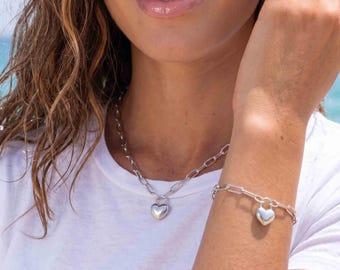 Heart Lock Paperclip Chain Necklace & Bracelet Set - 316L Surgical Stainless Steel - Waterproof Jewelry - 64st