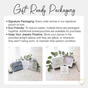 May include: Image showcasing jewelry packaging options. Includes a small blue pouch, a sheer drawstring bag, and white boxes with the brand's logo. The text "Gift Ready Packaging" is at the top, with bullet points describing the packaging.