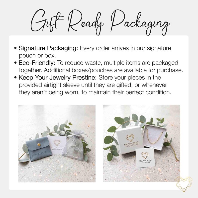 May include: Image showcasing jewelry packaging options. Includes a small blue pouch, a sheer drawstring bag, and white boxes with the brand's logo. The text "Gift Ready Packaging" is at the top, with bullet points describing the packaging.
